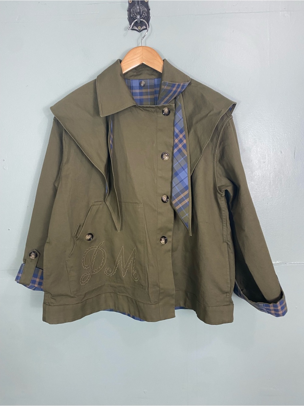 Damson Madder Jerry Short Trench Coat Green Olive Plaid Size 6 - Picture 2 of 6